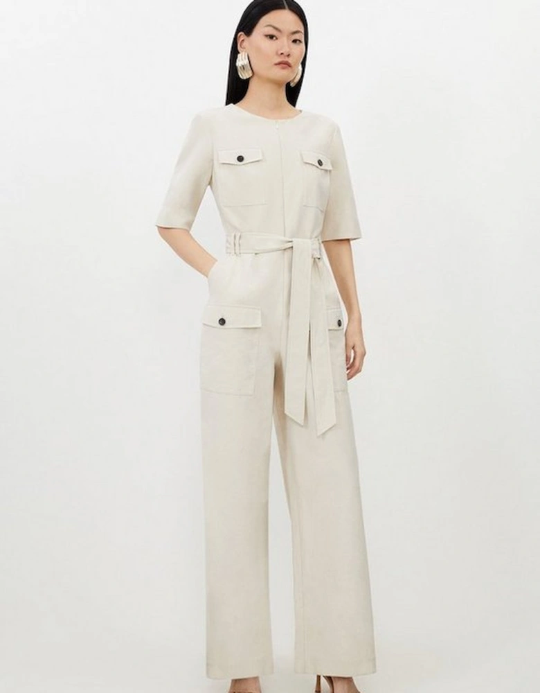 Petite Cargo Pocket Belted Wide Leg Tailored Jumpsuit