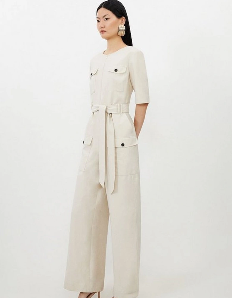 Petite Cargo Pocket Belted Wide Leg Tailored Jumpsuit