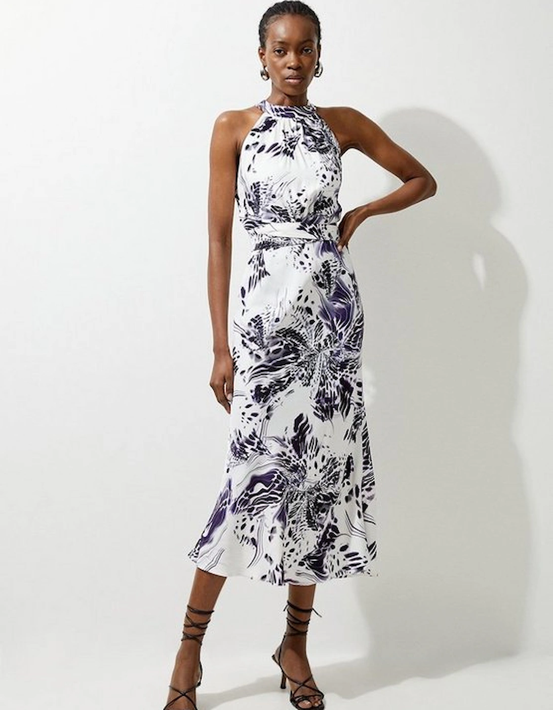 Petite Abstract Floral Satin Woven Halter Midi Dress, 4 of 3