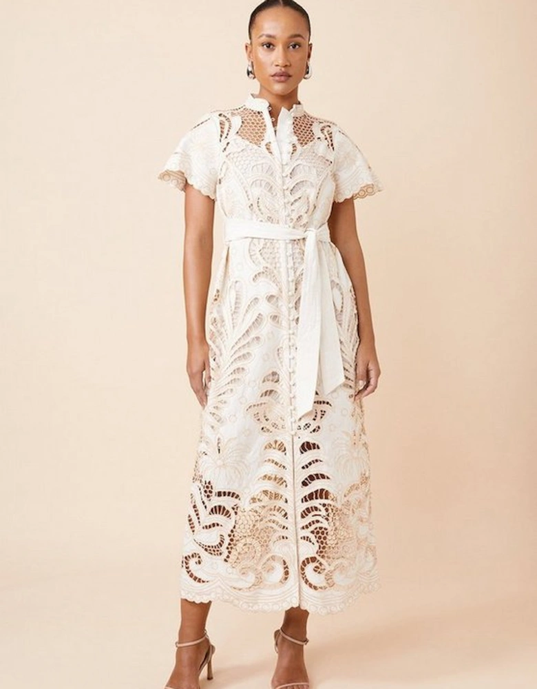 Petite Linen Cutwork Embroidery Woven Midi Dress