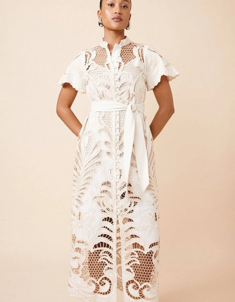 Petite Linen Cutwork Embroidery Woven Midi Dress