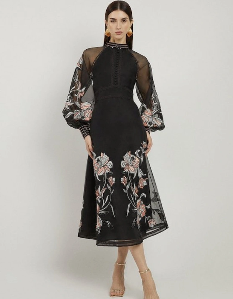 Tall Floral Embroidery Organdie Woven Midi Dress