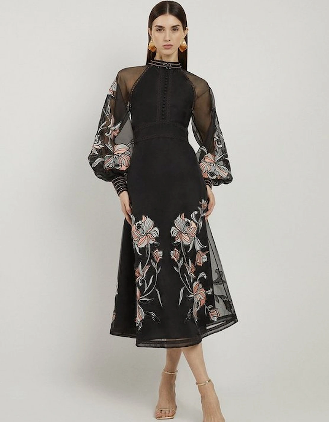 Tall Floral Embroidery Organdie Woven Midi Dress, 4 of 3