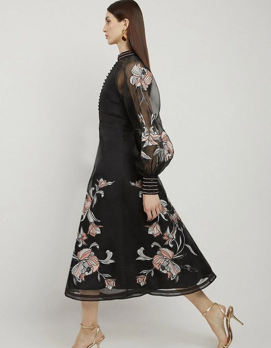 Tall Floral Embroidery Organdie Woven Midi Dress