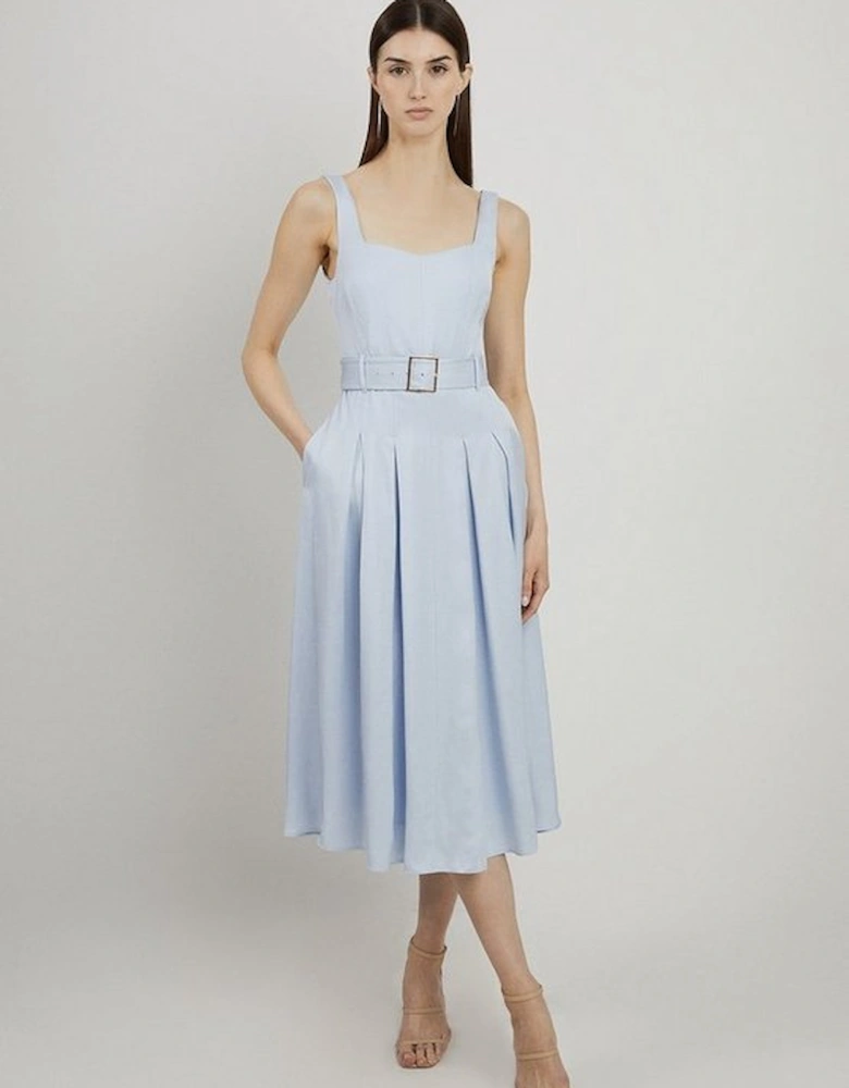 Petite Premium Tailored Linen Belted Full Skirt Midi Dress