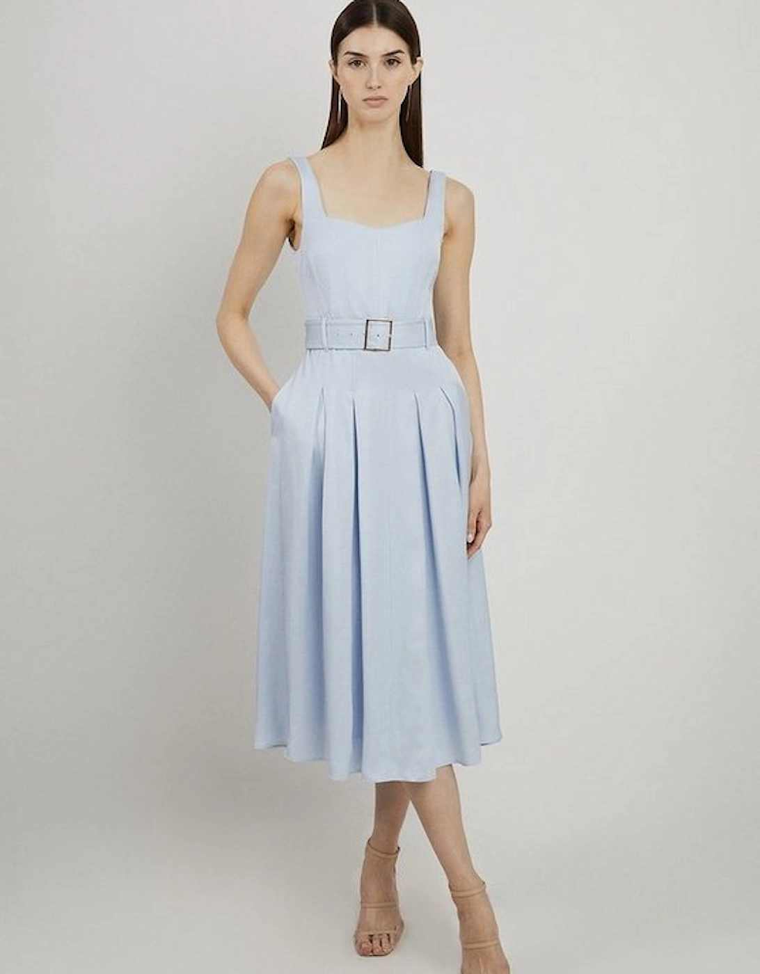Petite Premium Tailored Linen Belted Full Skirt Midi Dress, 4 of 3
