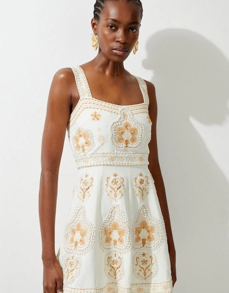Tall Linen Embroidered Strappy Woven Mini Dress
