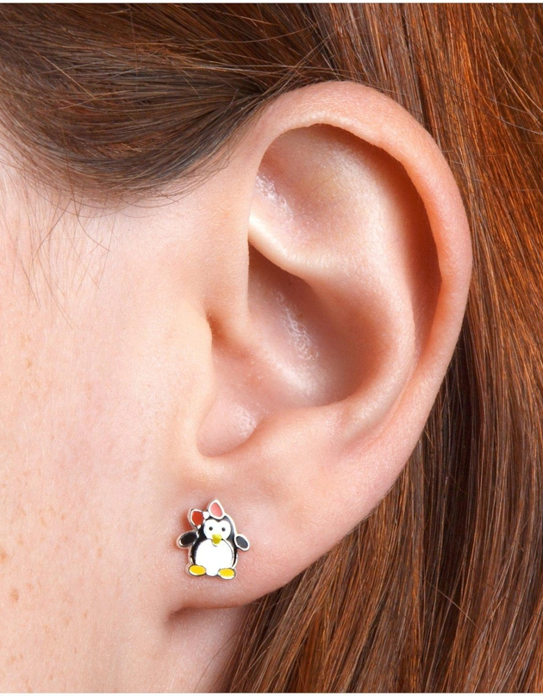 Sterling Silver Enamelled Penguin stud Earrings with Novelty Gift Box