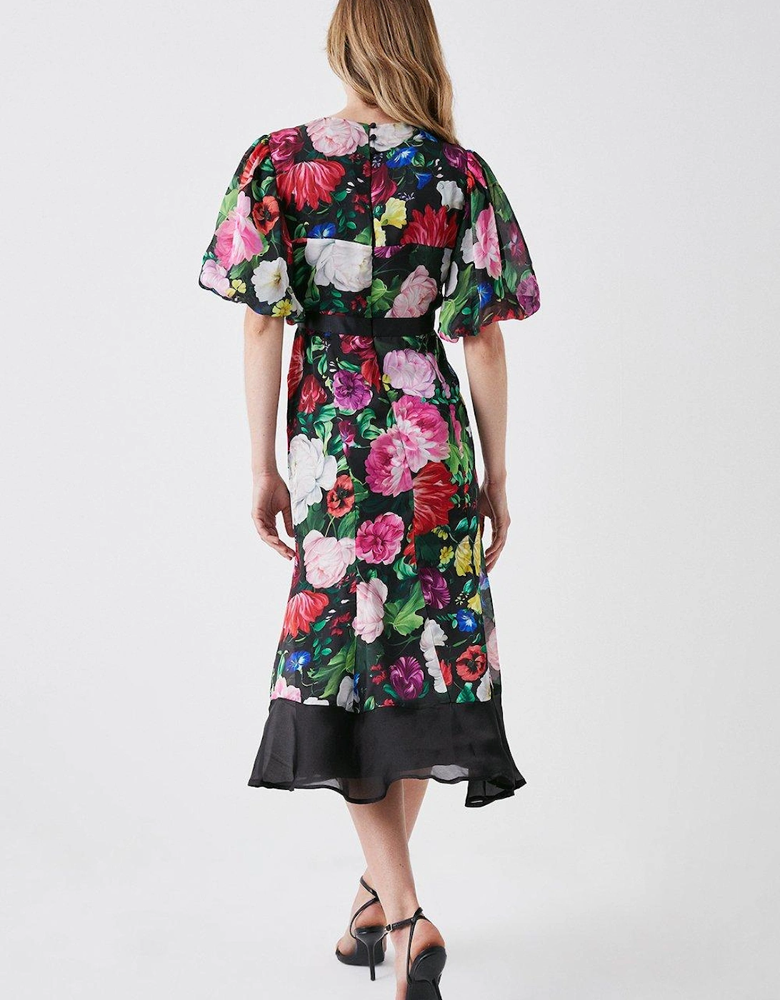 Printed Puff Sleeve Flute Hem Midi Dress