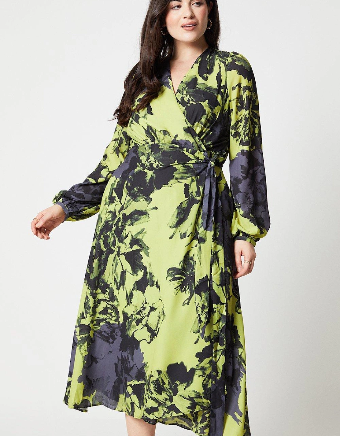 Plus Size Printed Long Sleeve Wrap Dress