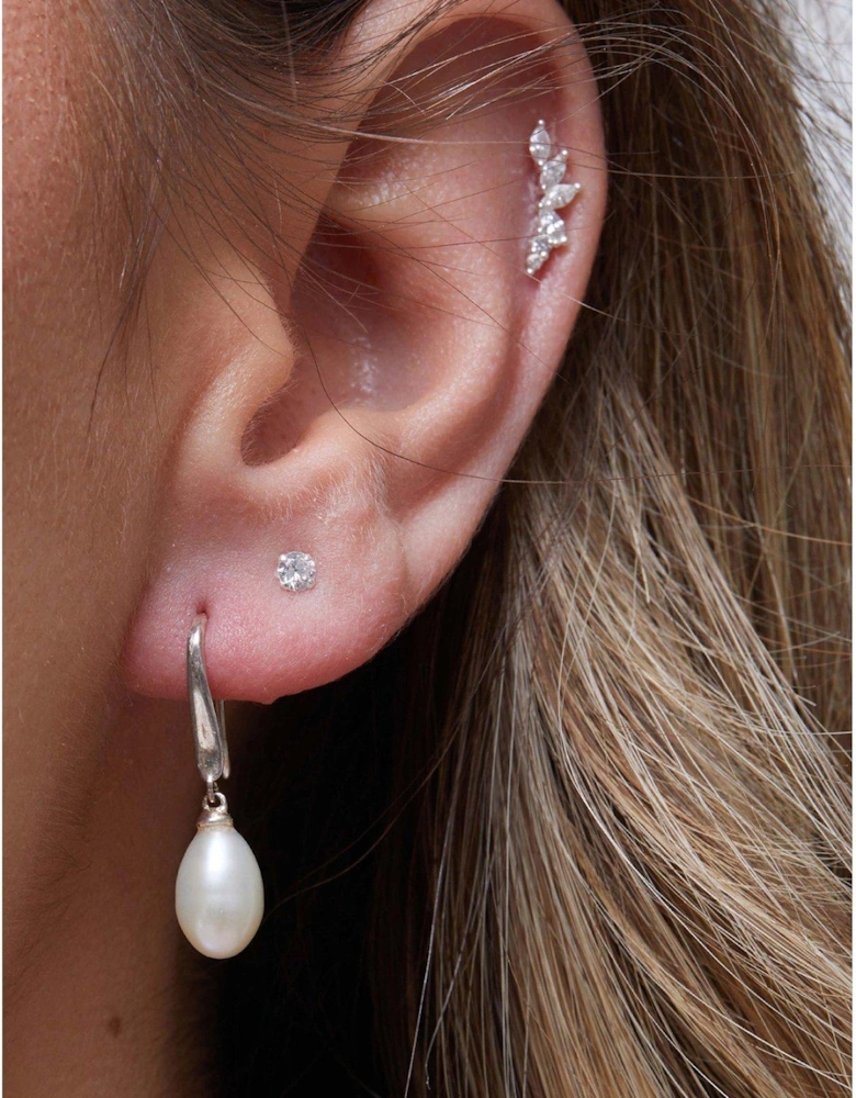 Sterling Silver 925 Freshwater Pearl Cubic Zirconia Sleek Drop Earrings