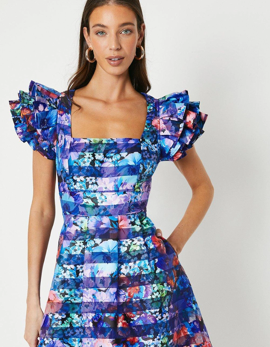 Printed Organza Stripe Puff Sleeve Midi Dress