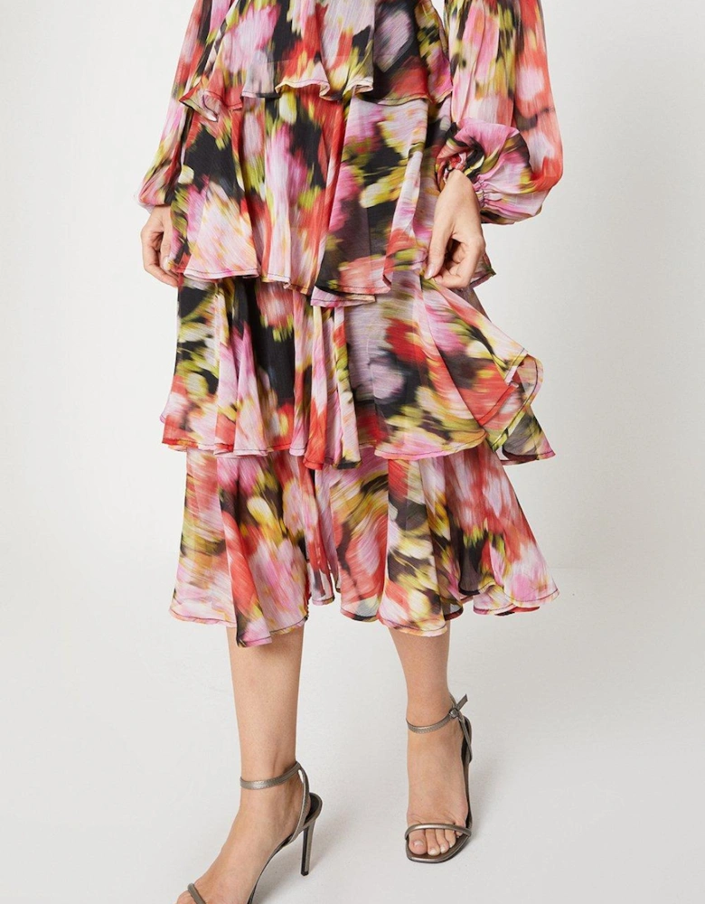 Printed Tiered Skirt Long Sleeve Midi Dress