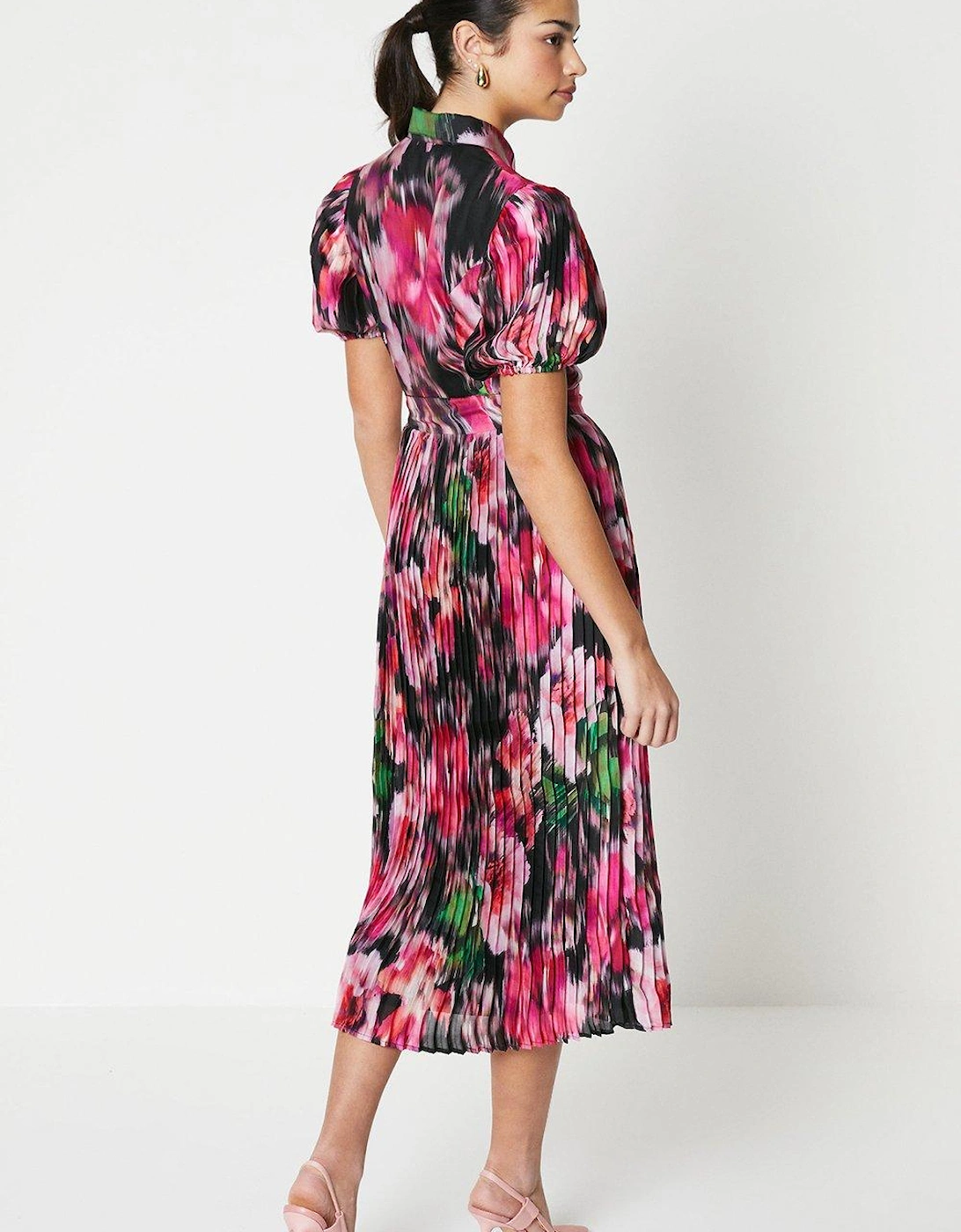 Blurred Floral Pleated Shirt Dress