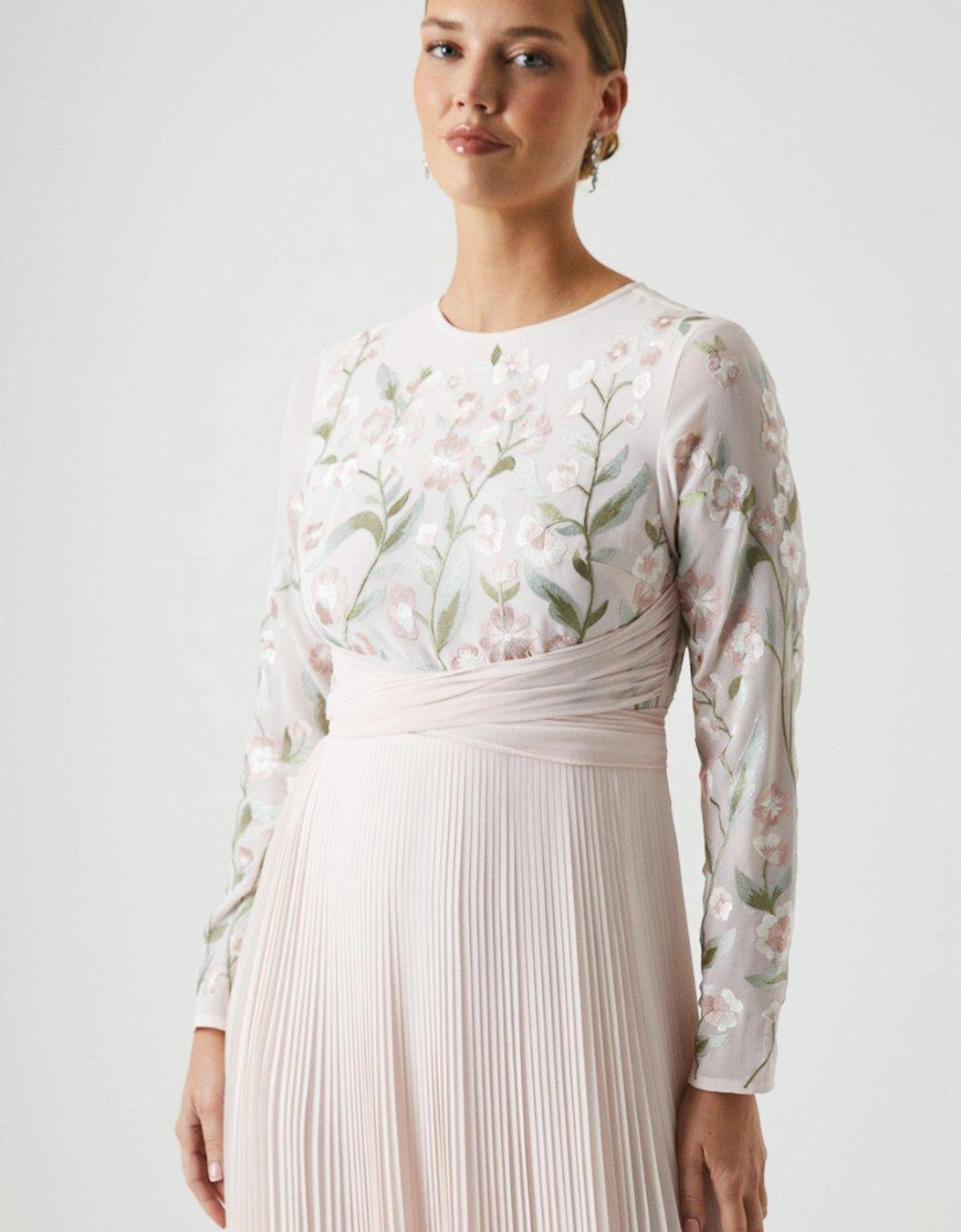 Floral Embroidered Wrap Waist Pleated Bridesmaids Dress