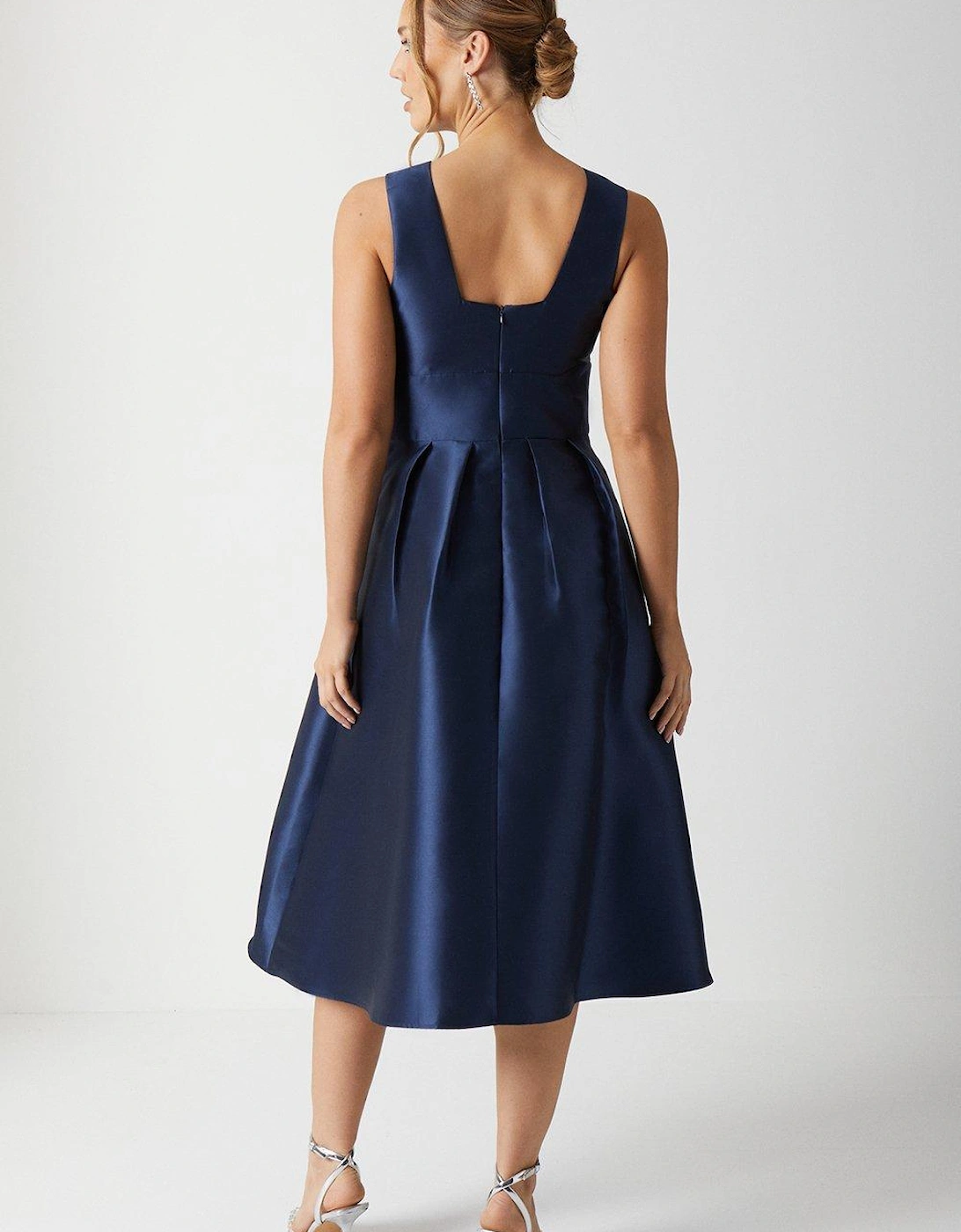 Plunge Neck Structured Twill Midi Dress