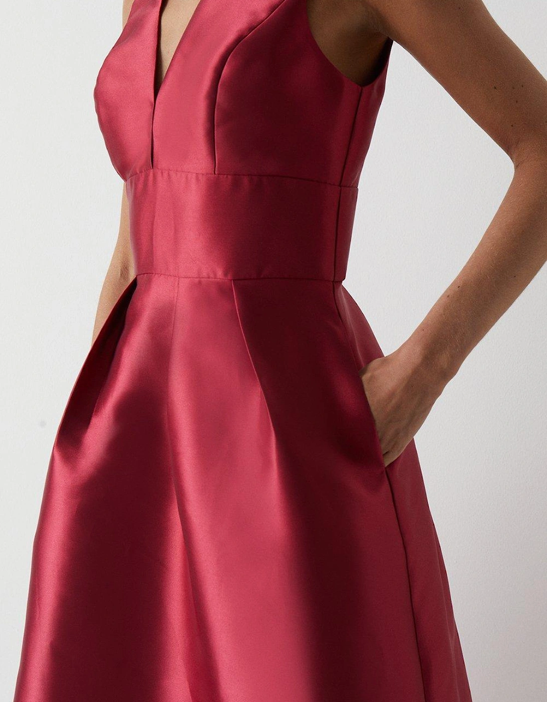 Plunge Neck Structured Twill Midi Dress