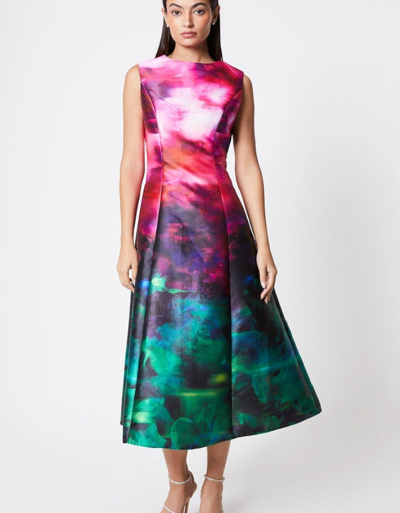 Sleeveless Printed Twill Midi Dress