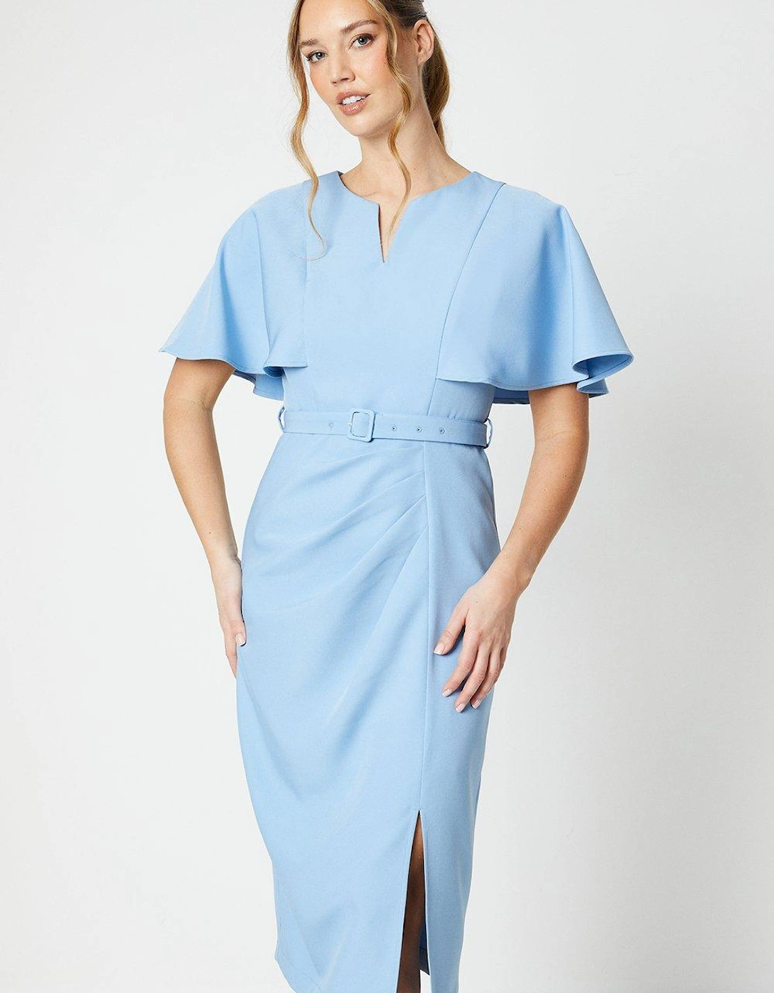 Notch Neck Flare Sleeve Midi Dress