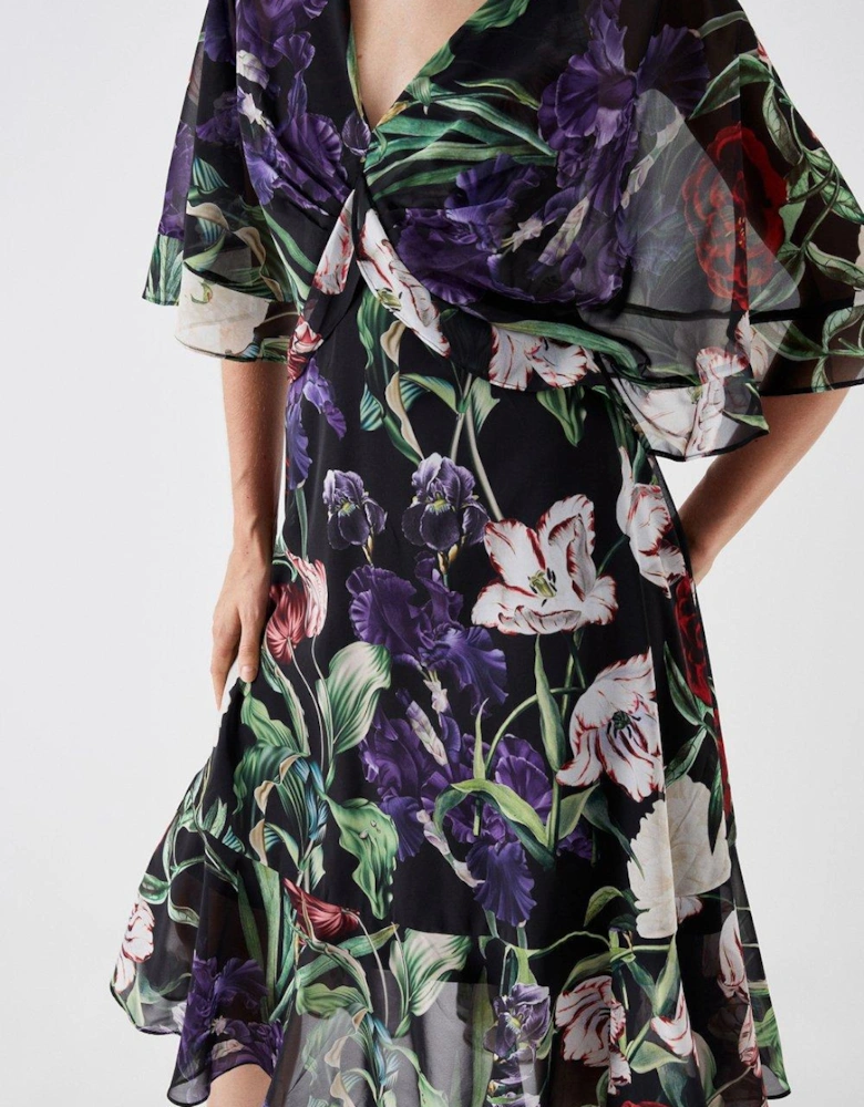 Printed Cape Ruffle Detail Midi Dress