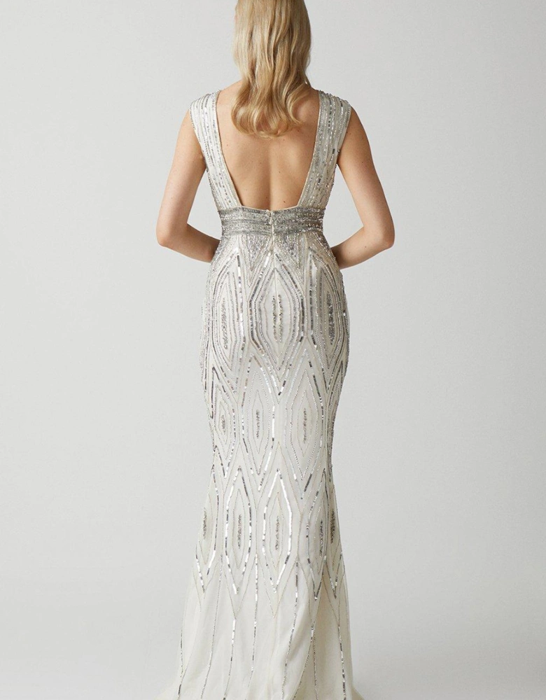 Art Deco Plunge Beaded Wedding Dress