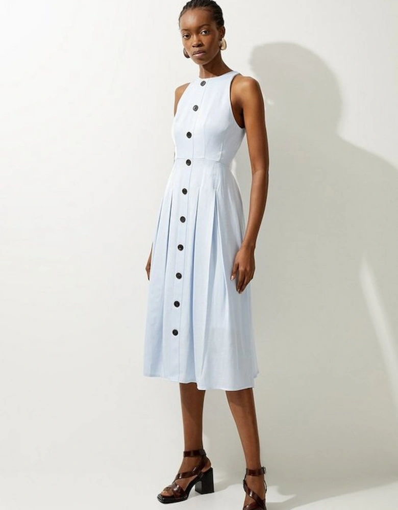 Premium Tailored Linen Button Through Full Skirted Maxi Dress