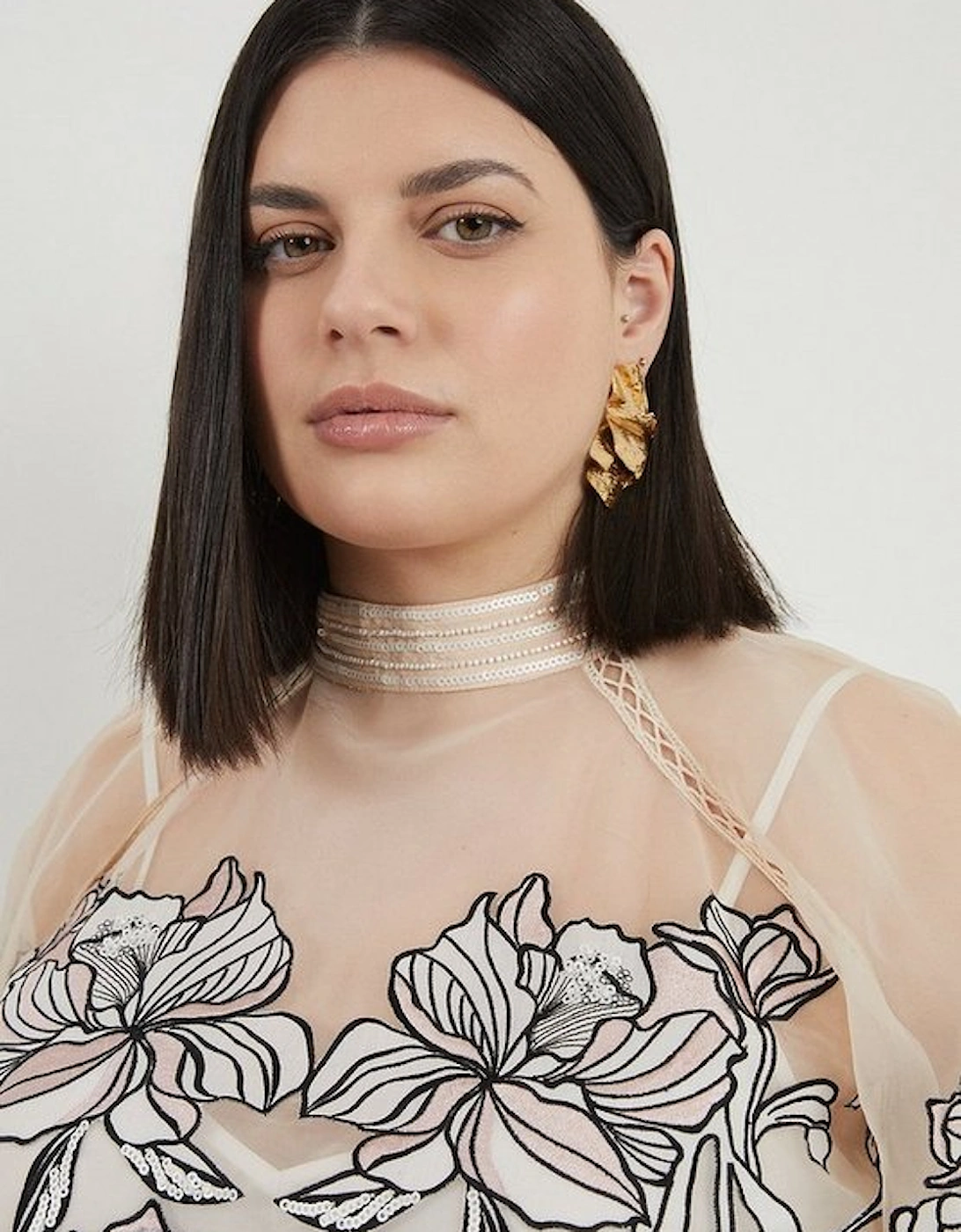 Plus Size Floral Embroidery Organdie Woven Blouse