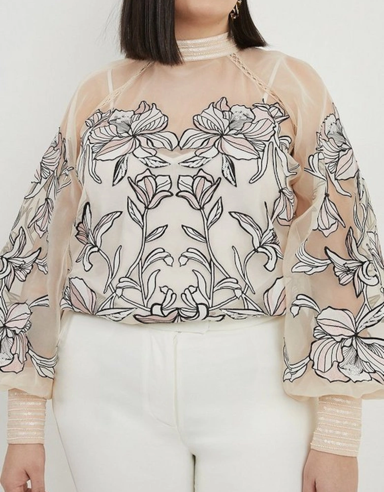 Plus Size Floral Embroidery Organdie Woven Blouse