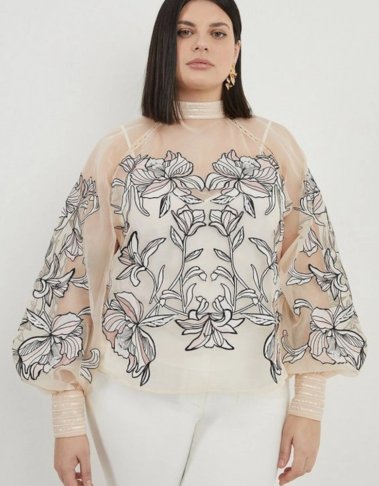 Plus Size Floral Embroidery Organdie Woven Blouse