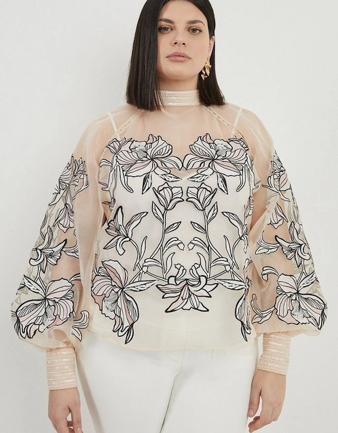 Plus Size Floral Embroidery Organdie Woven Blouse, 4 of 3