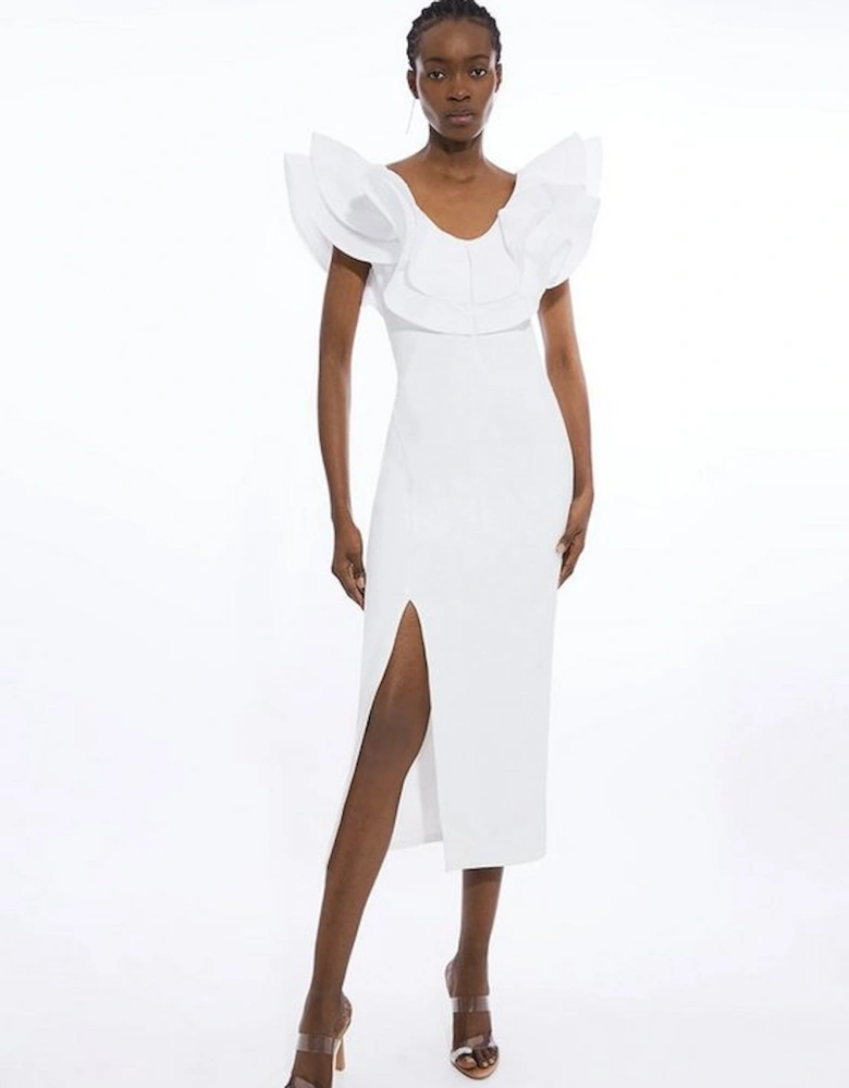 Ruffle Ponte And Cotton Mix Jersey Side Split Midi Dress