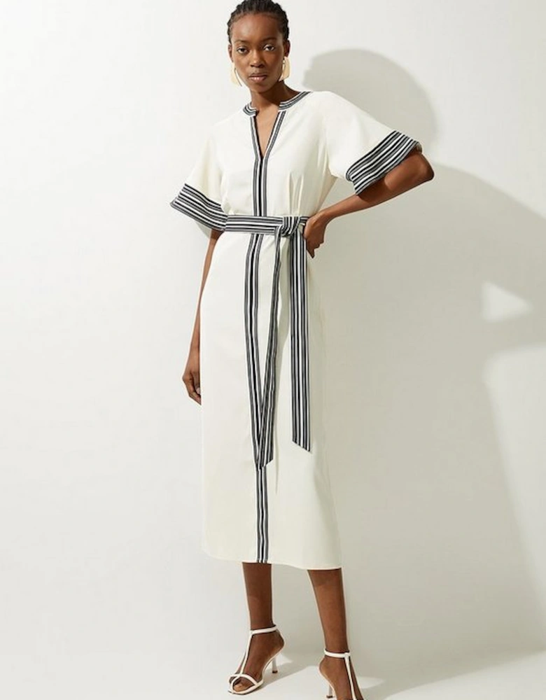 Contrast Stripe Mono Twill Woven Belted Midi Dress