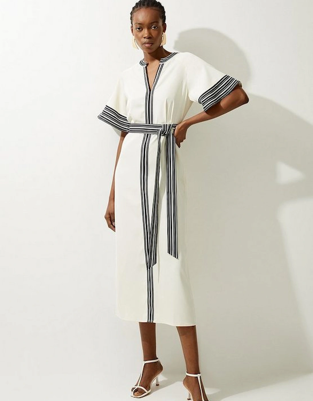 Contrast Stripe Mono Twill Woven Belted Midi Dress, 4 of 3
