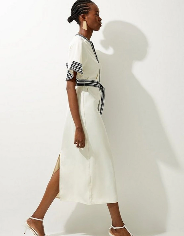 Contrast Stripe Mono Twill Woven Belted Midi Dress