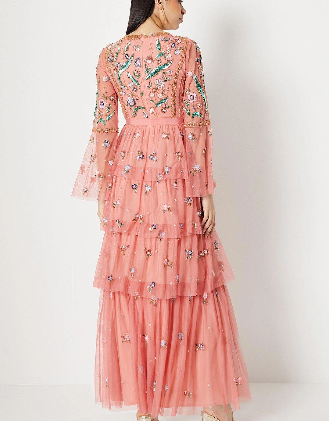 Hand Embellished Tiered Skirt Maxi Dress