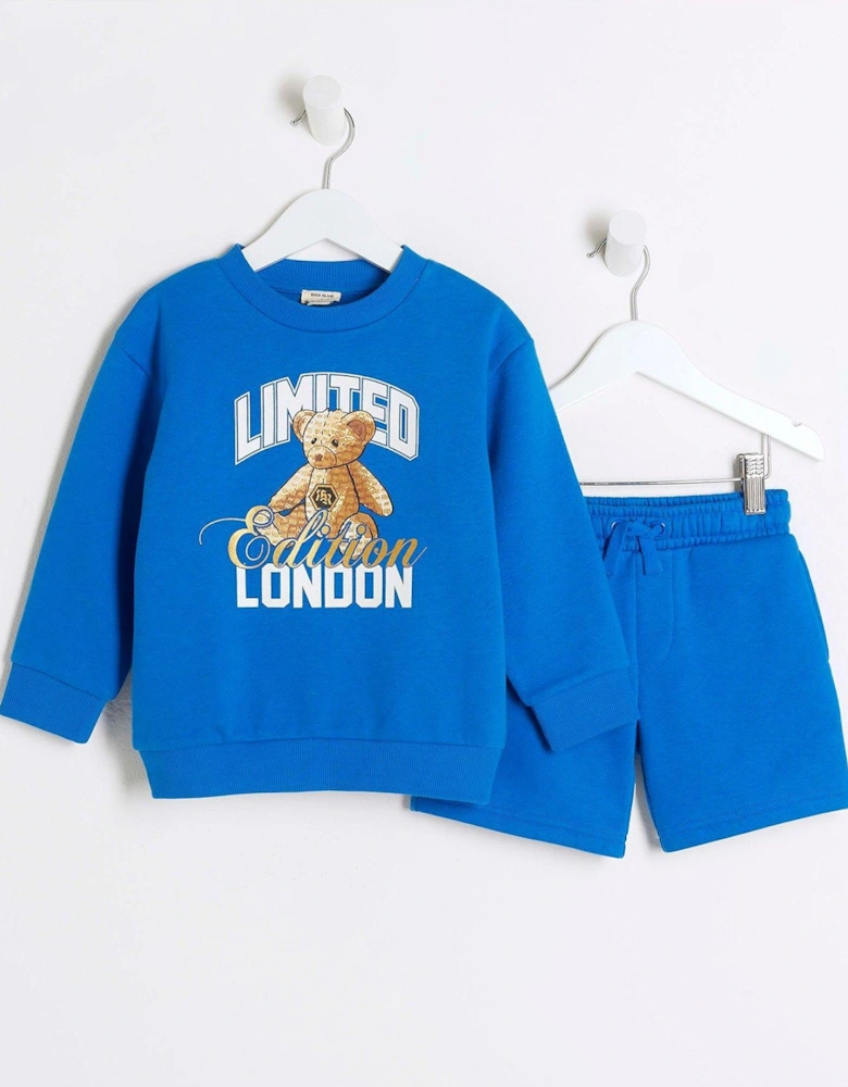 Mini Boys Bear Sweatshirt And Shorts Set - Blue