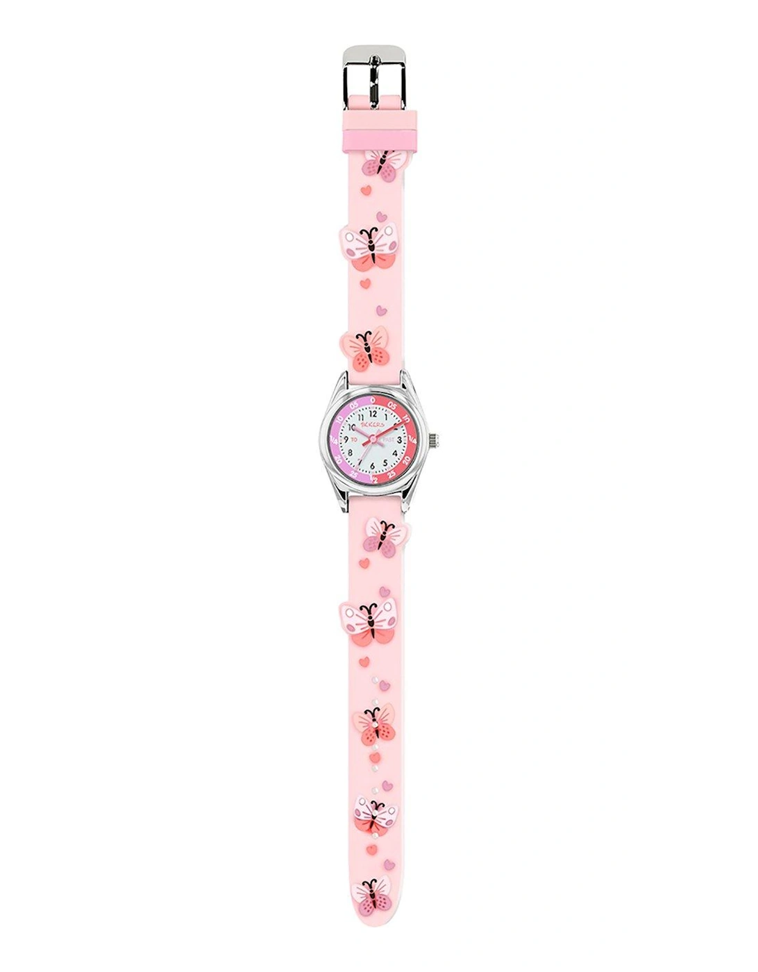 Pink Silicone 3D Butterfly Strap, Silver Time Teacher Watch