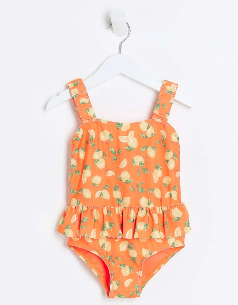 Mini Girls Lemon Print Peplum Swimsuit - Red