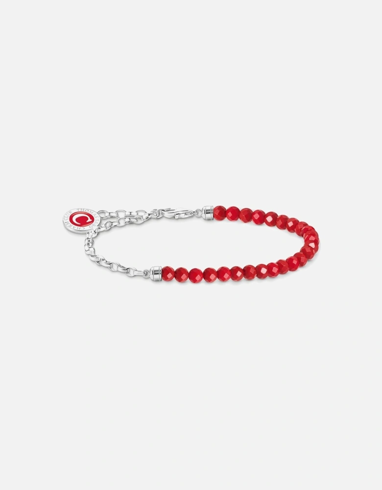 Charm Holder: Link bracelet with red coral beads, engraved end caps, engravable Charmista coin in red enamel
