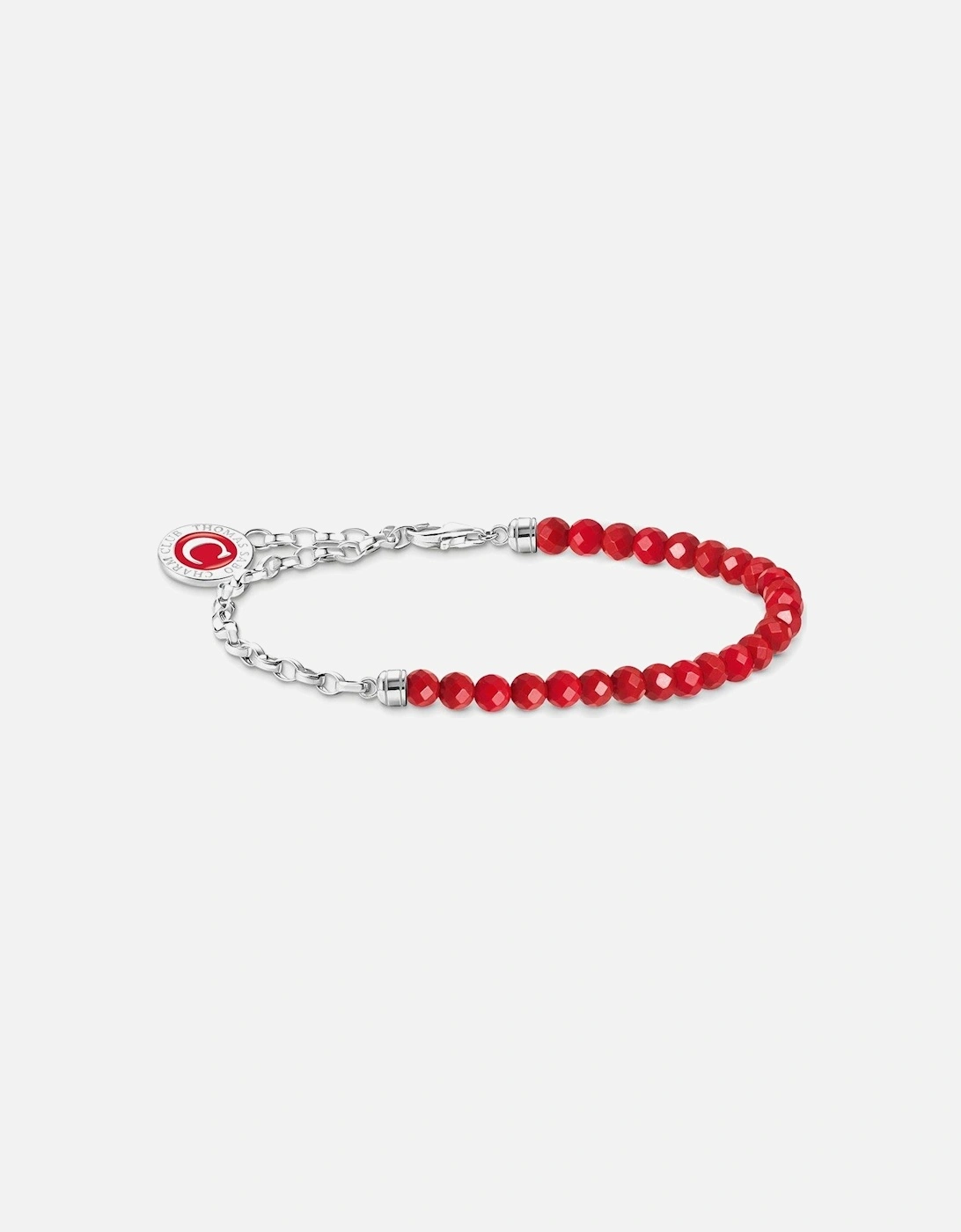 Charm Holder: Link bracelet with red coral beads, engraved end caps, engravable Charmista coin in red enamel, 2 of 1