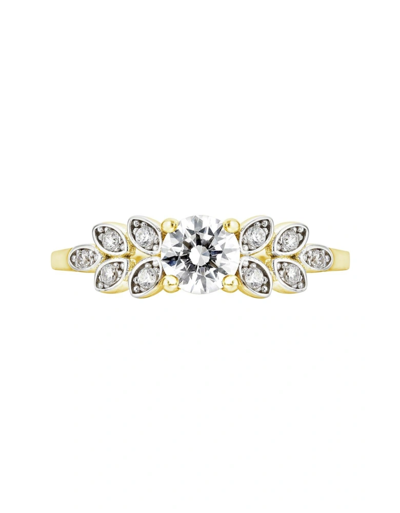 9ct 2 Colour Yellow And White Gold Cubic Zirconia Leaf Shoulder Ring