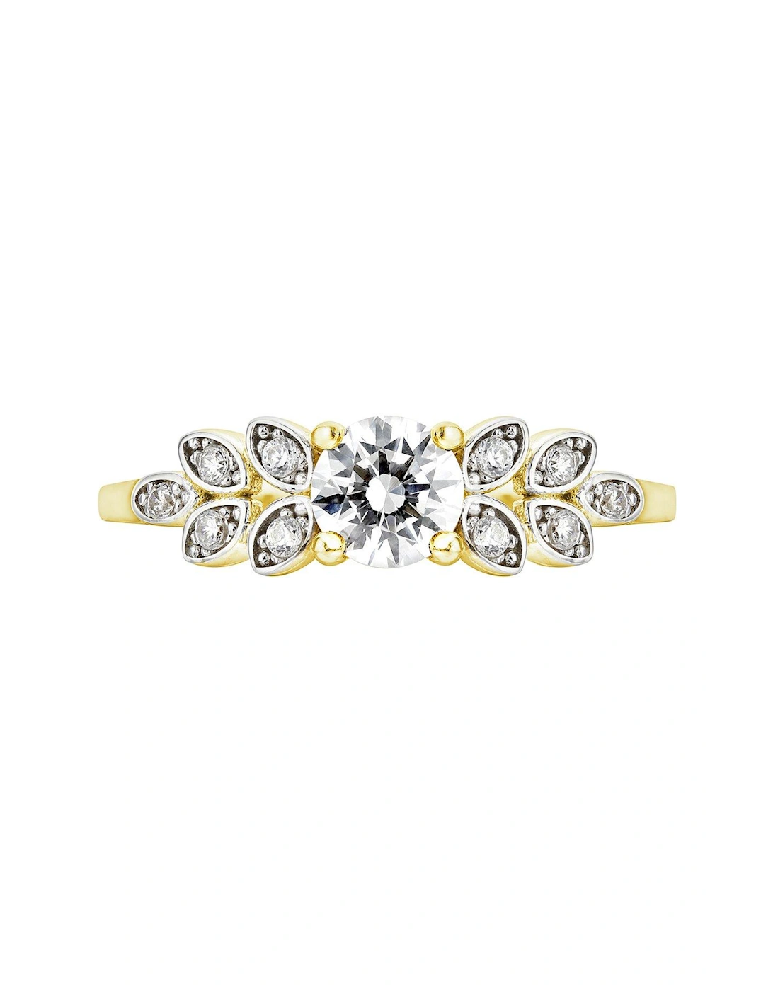 9ct 2 Colour Yellow And White Gold Cubic Zirconia Leaf Shoulder Ring
