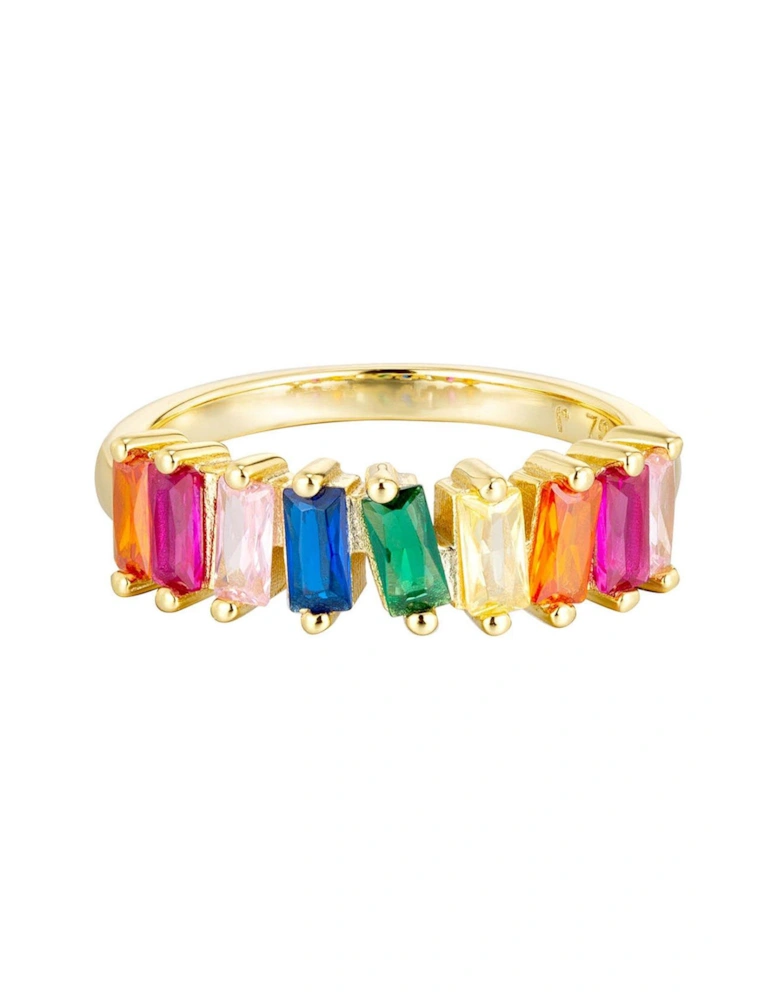 18ct Gold Plated Sterling Silver Baguette Multicoloured CZ Stones Ring