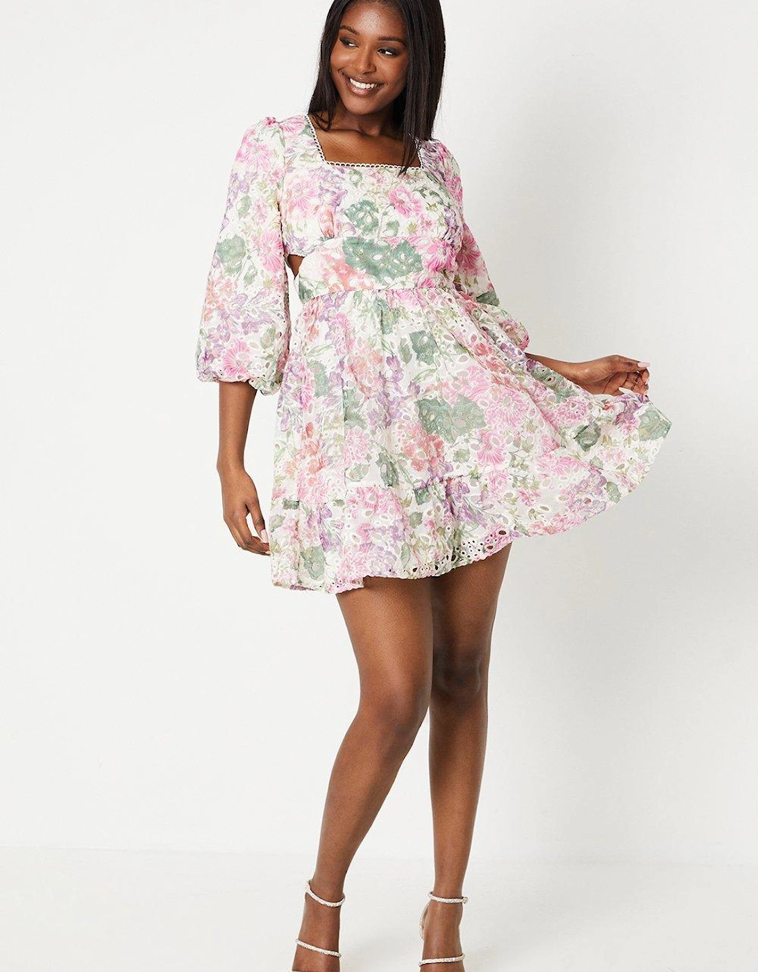 Embroidered Mini Dress With Puff Sleeves