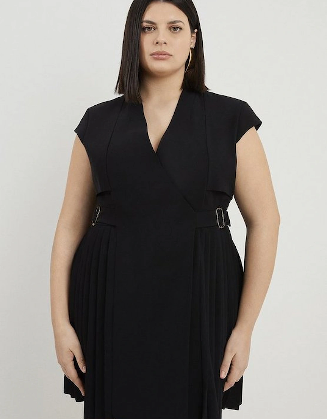 Plus Size Tailored Crepe Pleated Collarless Mini Dress, 4 of 3