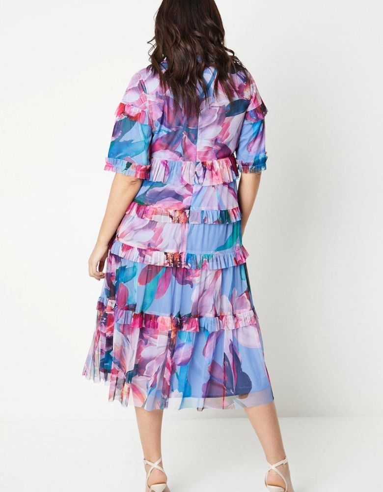 Plus V Neck Tiered Mesh Midi Dress In Floral Print