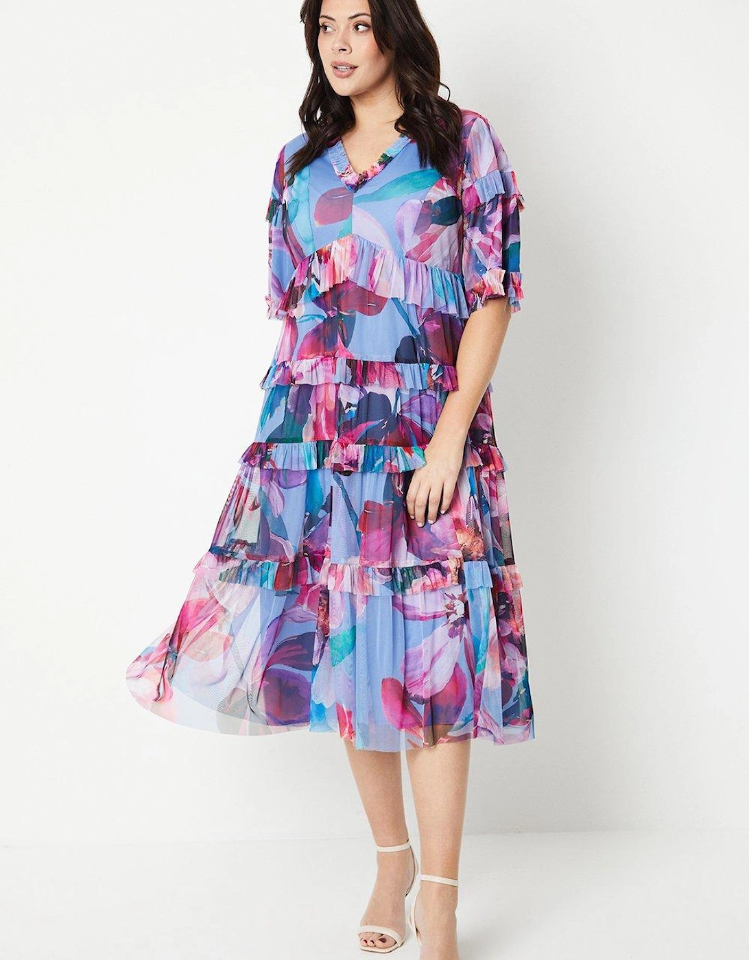 Plus V Neck Tiered Mesh Midi Dress In Floral Print, 6 of 5