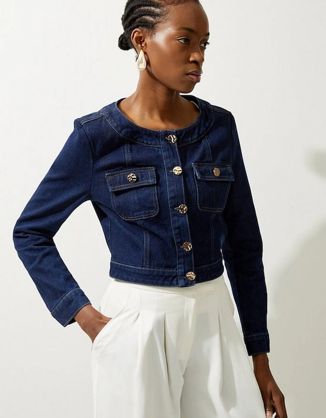 Cropped Denim Pocket Detail Jacket