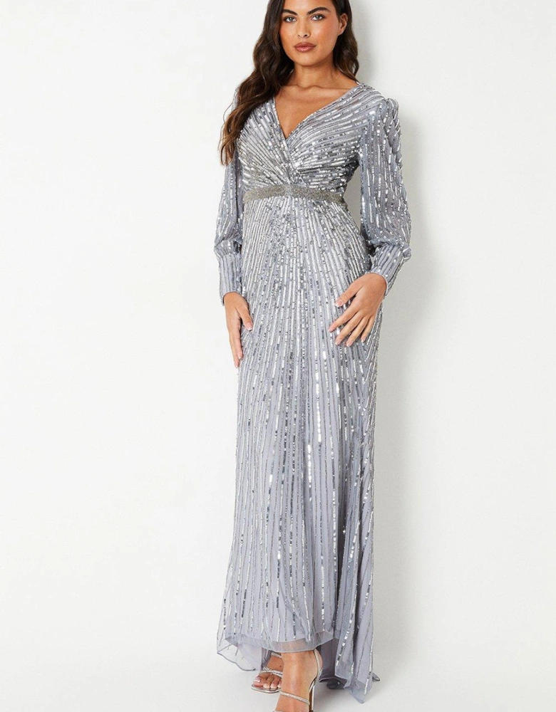 Sequin Cross Front Gown With Blouson Sleeve