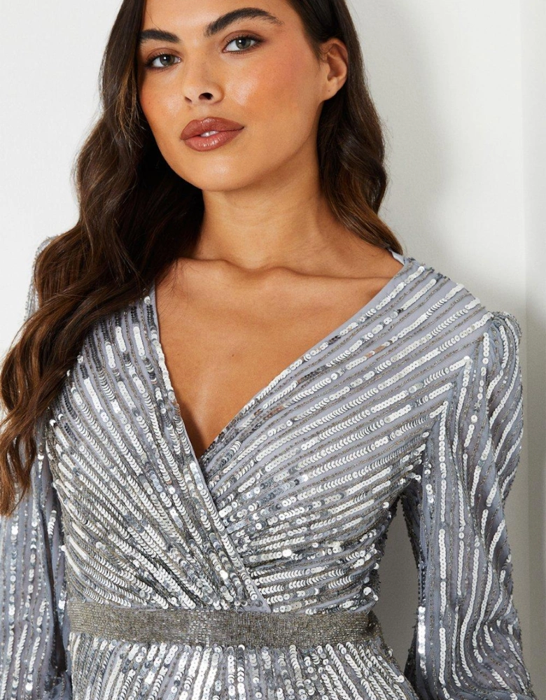 Sequin Cross Front Gown With Blouson Sleeve